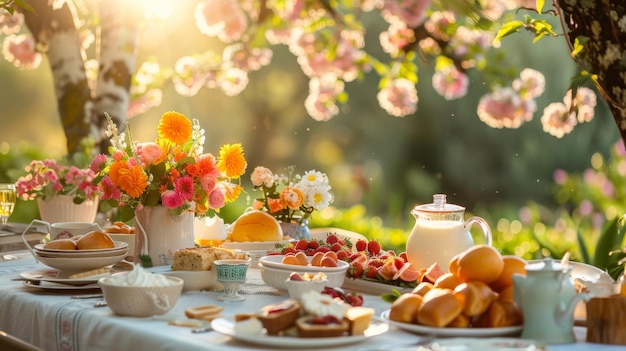 A beautifully set breakfast table outdoors adorned with colorful flowers pastries and fruits under blossoming trees