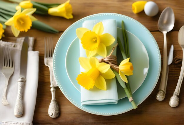 A beautifully set Easter table with pastel colors daffodils and springthemed decor