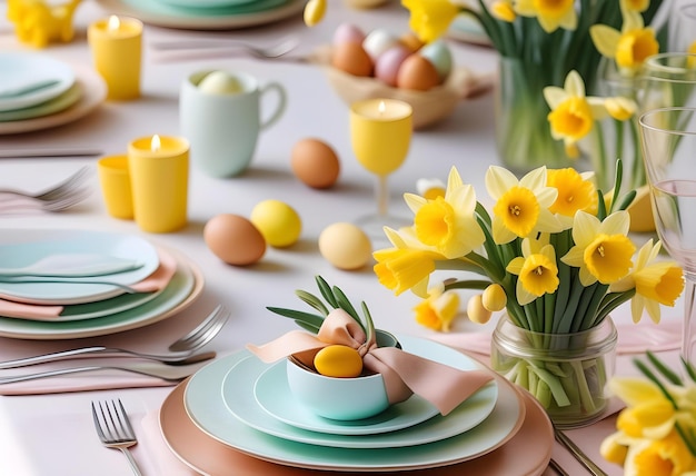 A beautifully set Easter table with pastel colors daffodils and springthemed decor