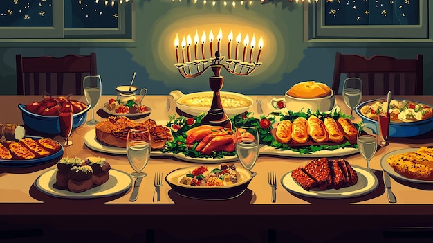 Beautifully Set Hanukkah Table Vector