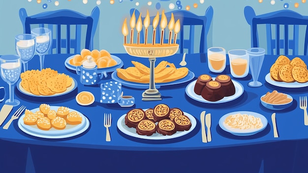 Beautifully Set Hanukkah Table Vector