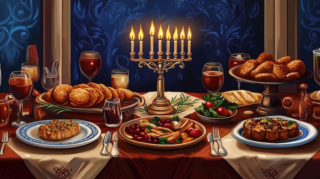 Beautifully Set Hanukkah Table Vector