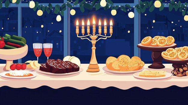 Beautifully Set Hanukkah Table Vector