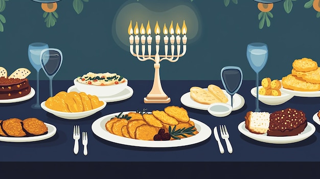 Beautifully Set Hanukkah Table Vector