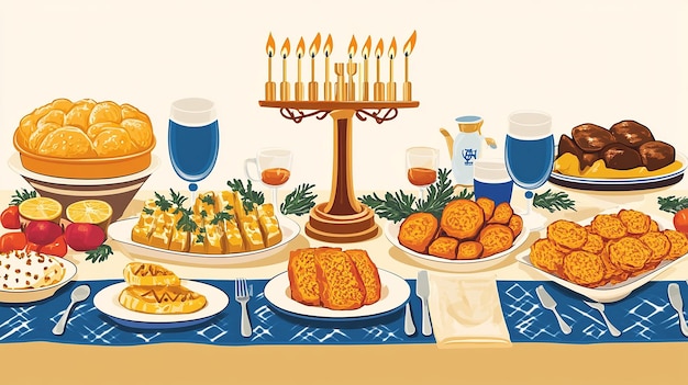 Beautifully Set Hanukkah Table Vector