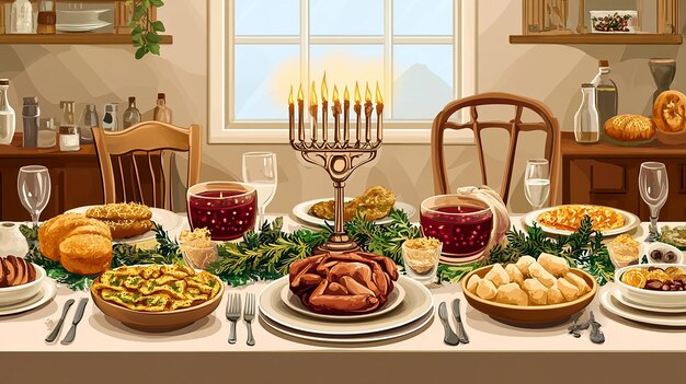 Beautifully Set Hanukkah Table Vector