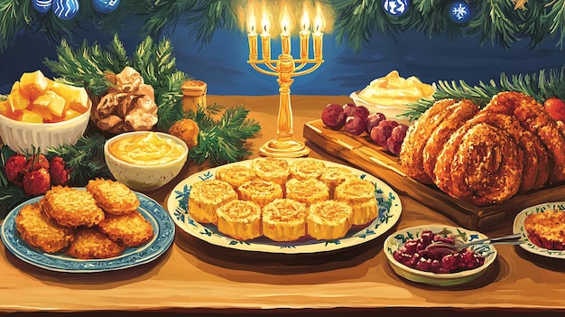 Beautifully Set Hanukkah Table Vector