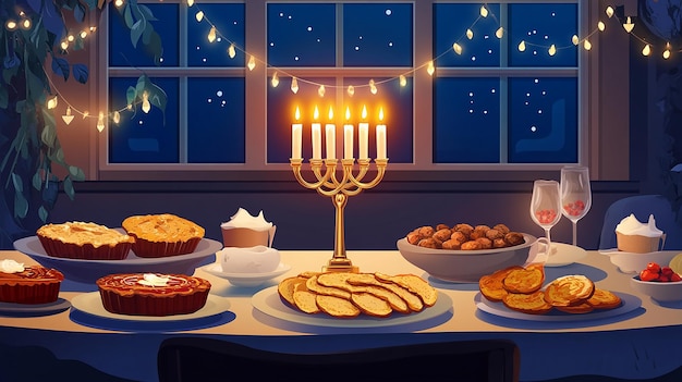 Beautifully Set Hanukkah Table Vector