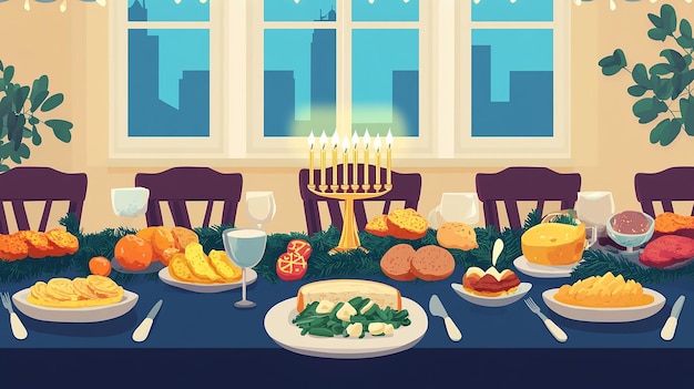 Beautifully Set Hanukkah Table Vector