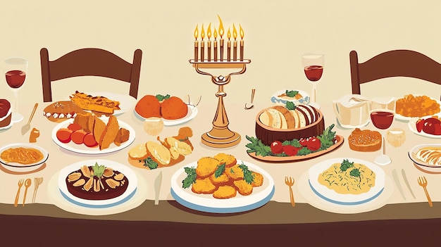 Beautifully Set Hanukkah Table Vector