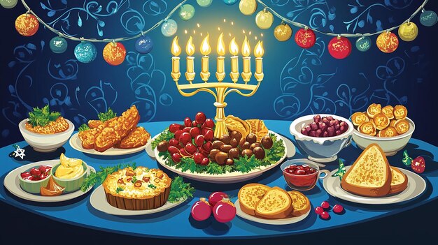 Beautifully Set Hanukkah Table Vector