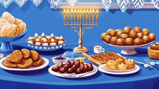 Beautifully Set Hanukkah Table Vector