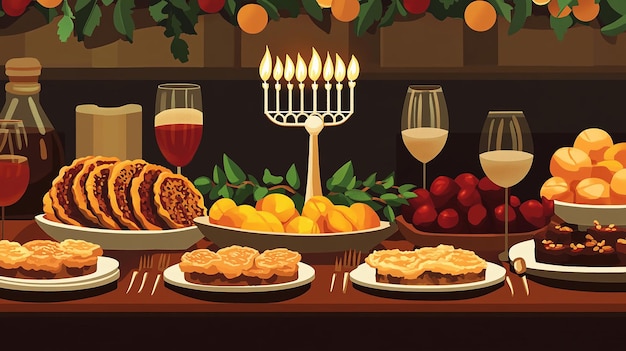 Beautifully Set Hanukkah Table Vector