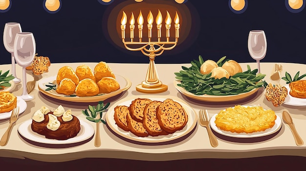 Beautifully Set Hanukkah Table Vector