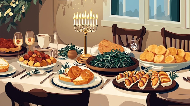 Beautifully Set Hanukkah Table Vector