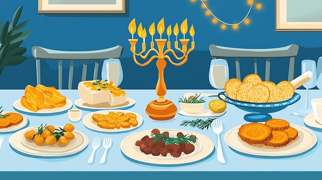 Beautifully Set Hanukkah Table Vector