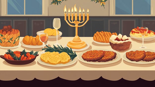 Beautifully Set Hanukkah Table Vector