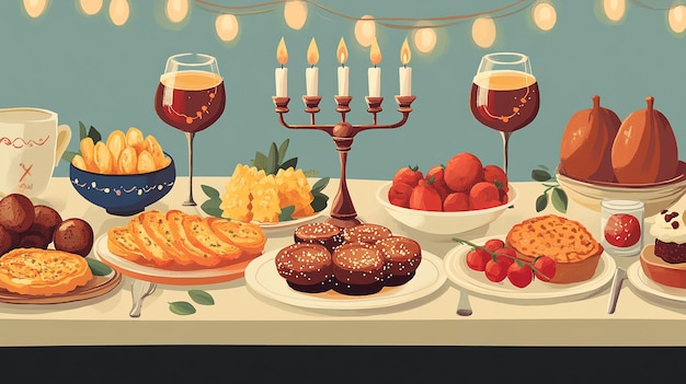 Beautifully Set Hanukkah Table Vector