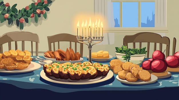 Beautifully Set Hanukkah Table Vector