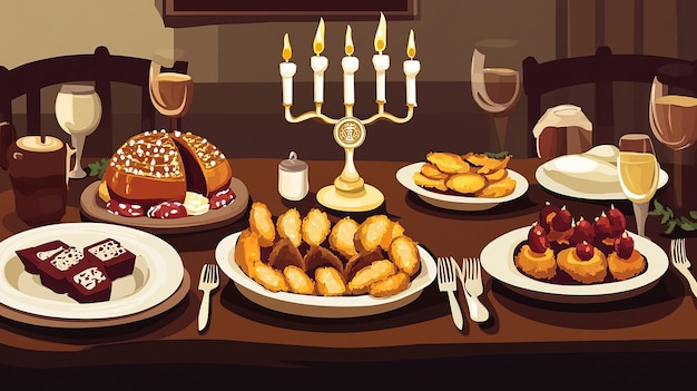 Beautifully Set Hanukkah Table Vector