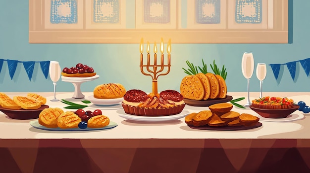 Beautifully Set Hanukkah Table Vector