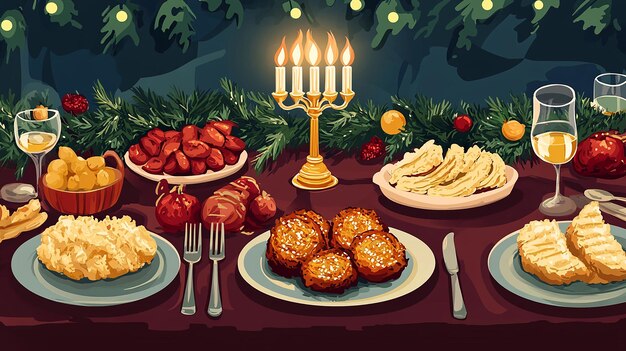 Beautifully Set Hanukkah Table Vector