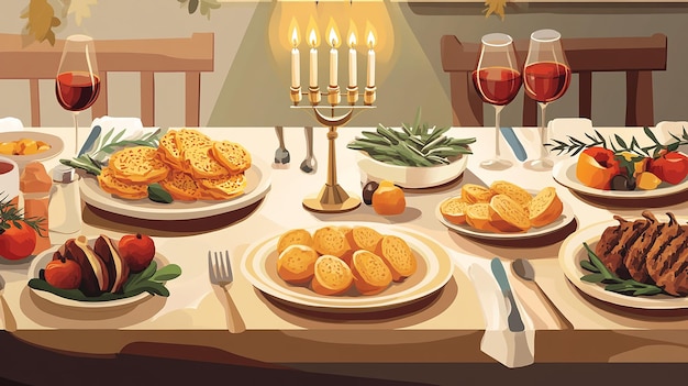 Beautifully Set Hanukkah Table Vector