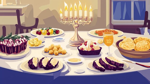 Beautifully Set Hanukkah Table Vector