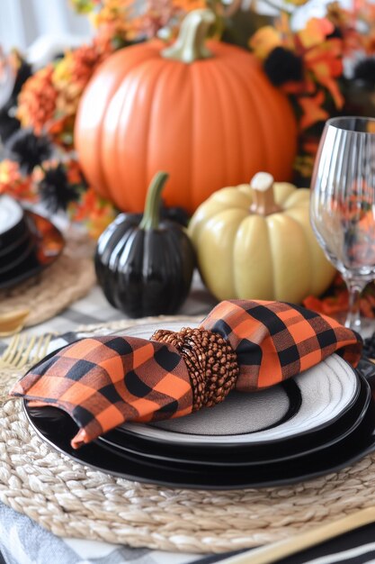 Photo a beautifully set table for halloween featuring a black and orange buffalo check napkin ring