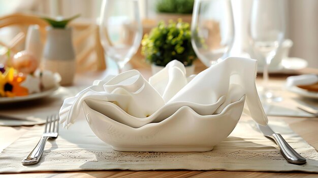 A beautifully set table with white napkins folded in a decorative way