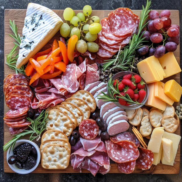 Photo a beautifully styled charcuterie board featuring a variety of meats cheeses and fruits job id 5772f2b568314beda466c188ca9da4c5