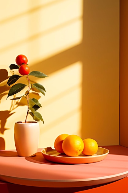 A beautifully styled room with a plate adorned with fresh fruits an inviting scene