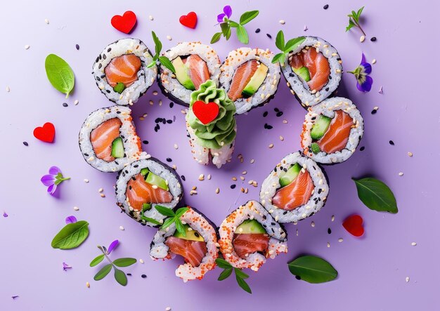 Photo beautifully sushi rolls forming a heart shape with decorative elements