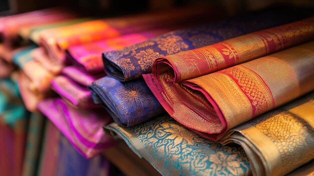 Photo a beautifully woven indian handloom sari folded and displayed in a shop showcasing rich textures