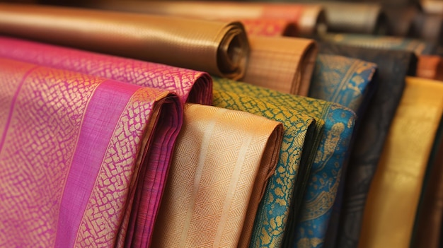 Photo a beautifully woven indian handloom sari folded and displayed in a shop showcasing rich textures