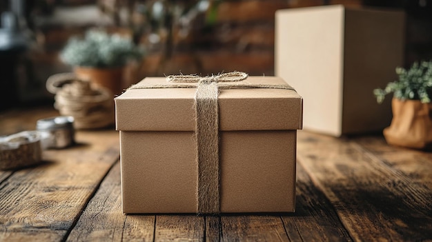 Photo a beautifully wrapped brown gift box with twine on a rustic wooden table a small plant in a pot and another box in the background