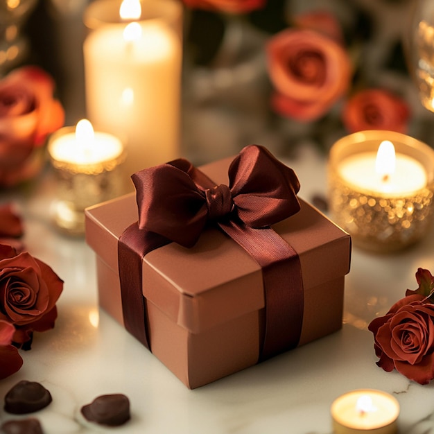 A beautifully wrapped chocolate box table with candles and candles