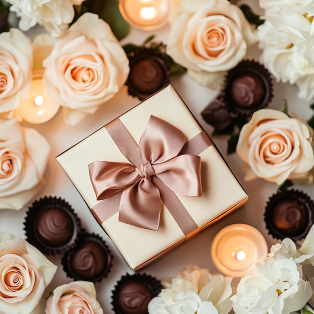 A beautifully wrapped chocolate box table with candles and candles