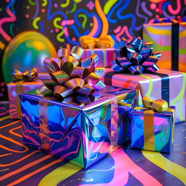 Photo beautifully wrapped floral gift boxes with vibrant ribbons and botanical patterns perfect for any celebration