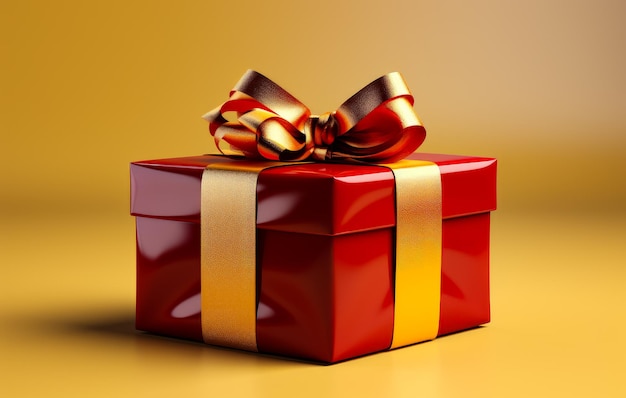 A beautifully wrapped gift box with a red color and a gold ribbon and bow A red gift box with a gold ribbon and a bow