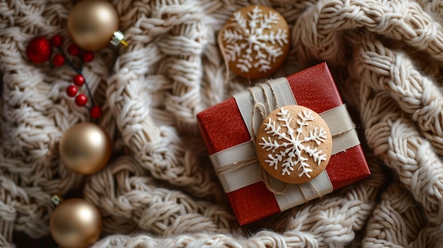 Photo beautifully wrapped gift on a warm and cozy knitted blanket