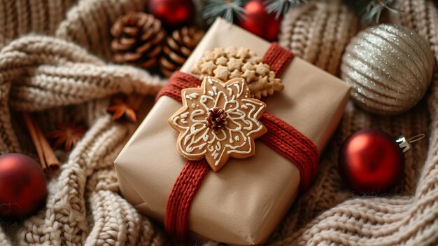 Photo beautifully wrapped gift on a warm and cozy knitted blanket