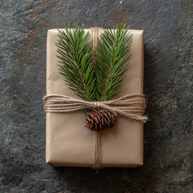 Photo a beautifully wrapped gift with pine branches and a pine cone perfect for holiday celebrations