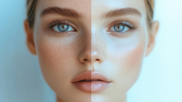 Photo beauty before and after comparison portrait of a woman39s face