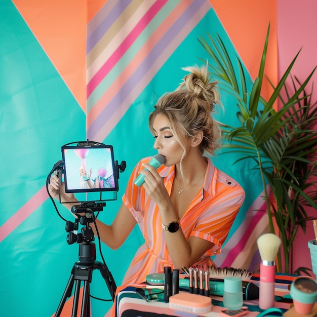 Beauty Blogger Setting Up a Stylish and Attractive Photoshoot