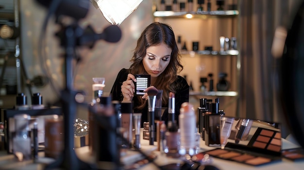 Photo beauty blogger testing a new makeup product