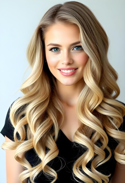 Photo beauty blonde girl with long and shiny wavy hair beautiful woman model with curly hairstyle perm