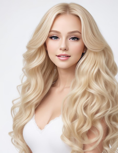 Photo beauty blonde girl with long and shiny wavy hair fashion cosmetics and makeup