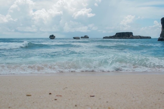 The beauty of Buyutan Beach Pacitan with blue sea and strong waves Beautiful view to enjoy vacation and free time