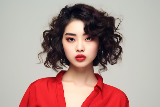 Beauty chinese young woman with 80s style hair on soft white background